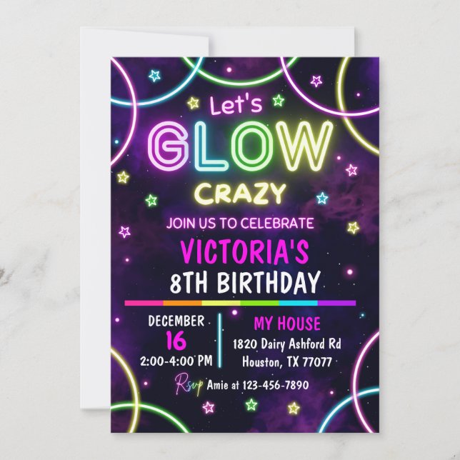 Invitation à l'anniversaire de Glow Party, Neon Pa (Devant)