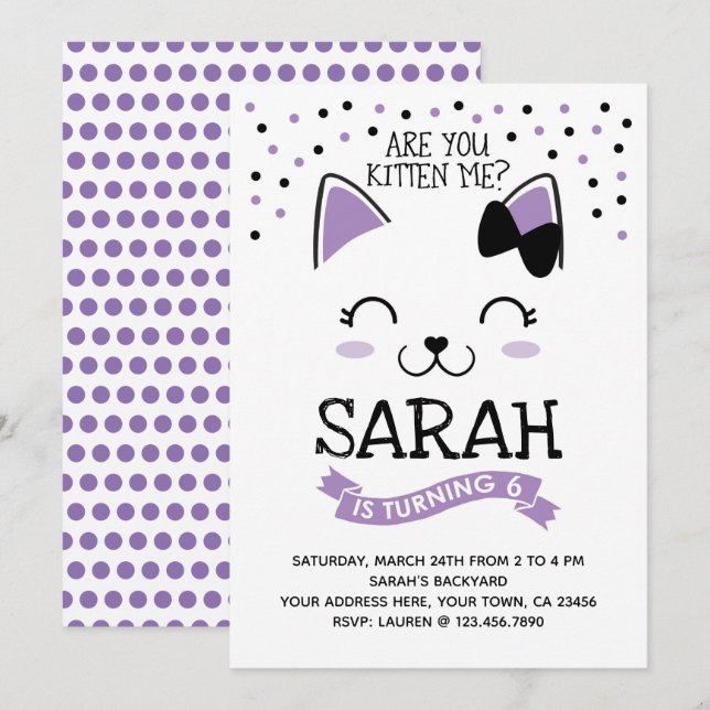 Invitation à l'anniversaire de Kitty Cat, violet e (Devant / Derrière)
