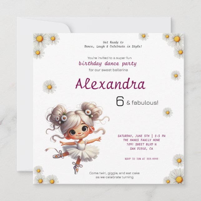 Invitation à l'anniversaire de la ballerine fille  (Devant)