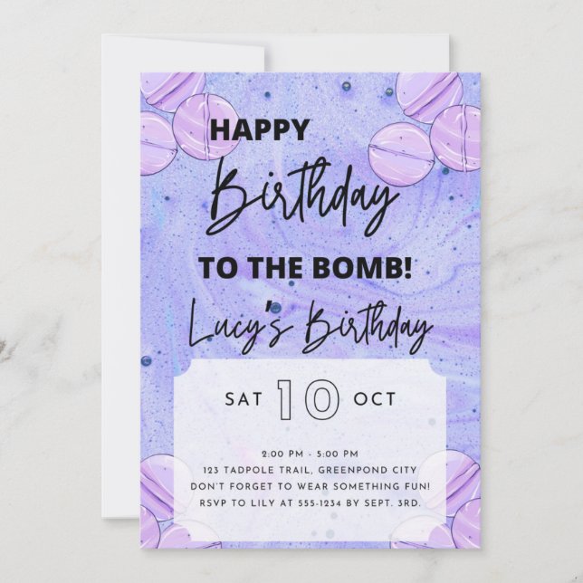 Invitation à l'anniversaire de la bombe de bain (Devant)