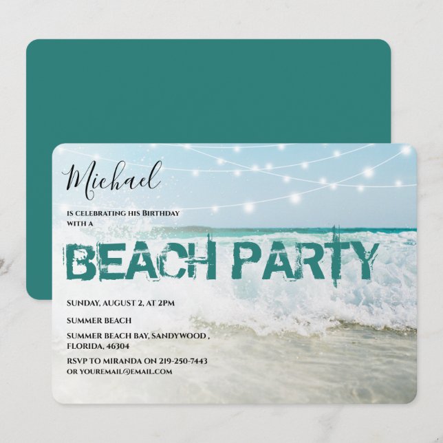 Invitation à l'anniversaire de la fête de la plage (Devant / Derrière)