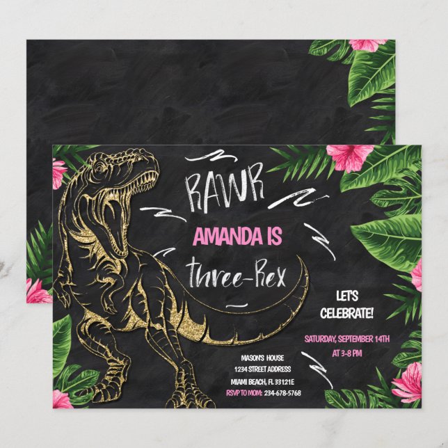 Invitation à l'anniversaire de la fille Dinosaur à (Devant / Derrière)