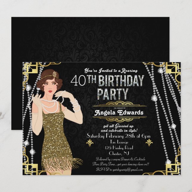 Invitation à l'anniversaire de la fille Flapper (Devant / Derrière)