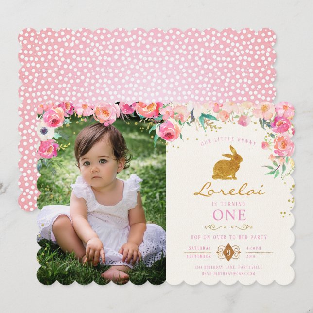 Invitation à l'anniversaire de la florale rose de  (Devant / Derrière)