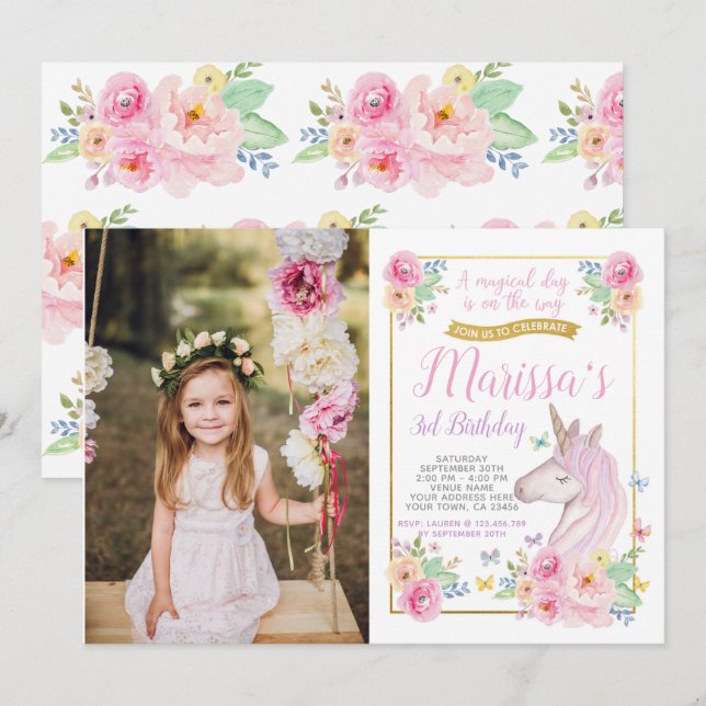Invitation à l'anniversaire de la licorne avec pho (Devant / Derrière)