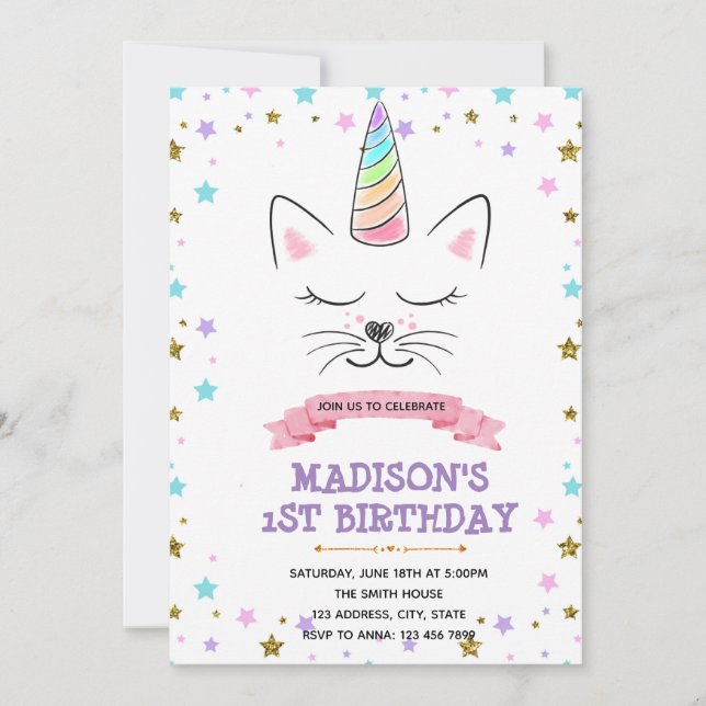 Invitation à l'anniversaire de la licorne de chat (Devant)