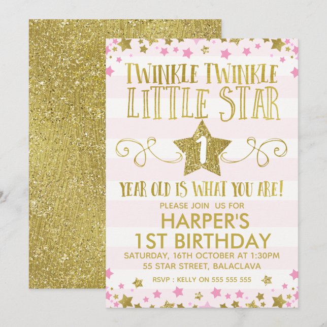 Invitation à l'anniversaire de la petite étoile Tw (Devant / Derrière)