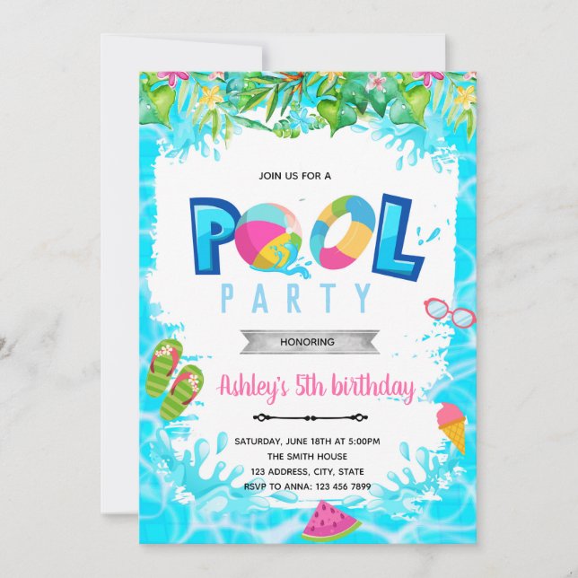 Invitation à l'anniversaire de la piscine pour fil (Devant)