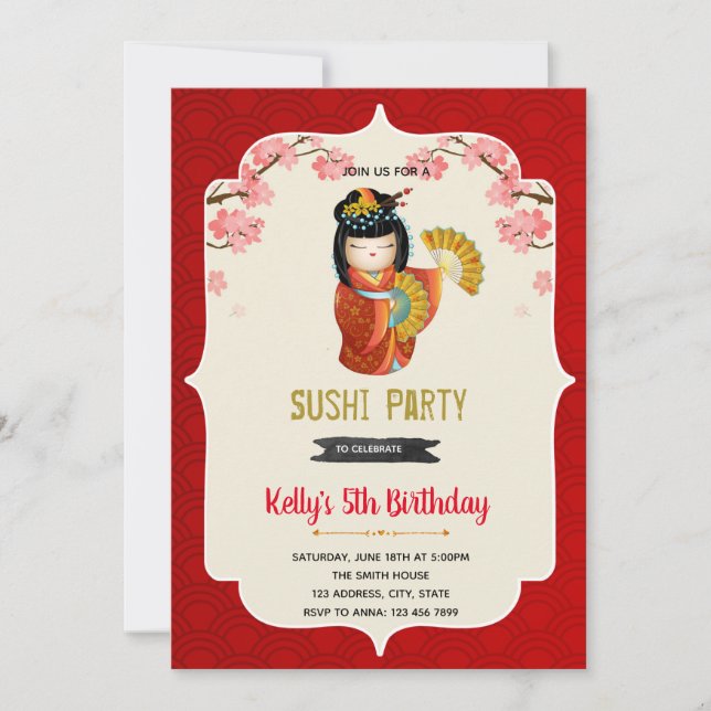 Invitation à l'anniversaire de la poupée Kokeshi (Devant)