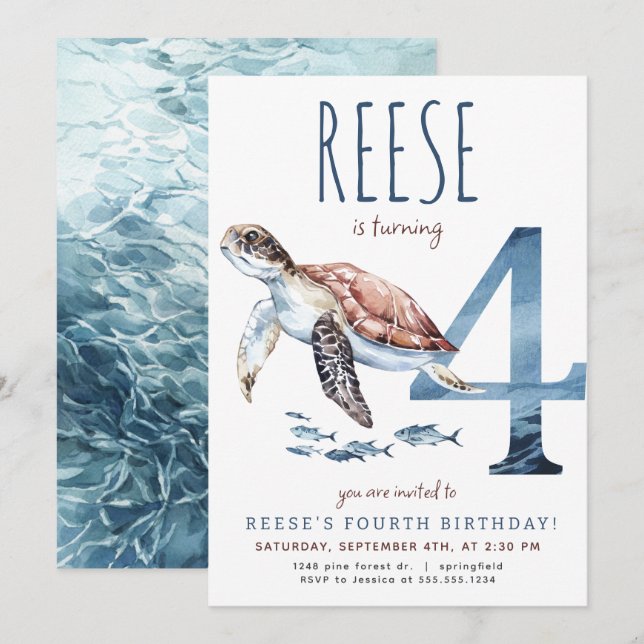 Invitation à l'anniversaire de la Tortue de mer (Devant / Derrière)