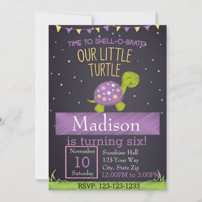 Invitation à l'anniversaire de la tortue (violet) (Devant)