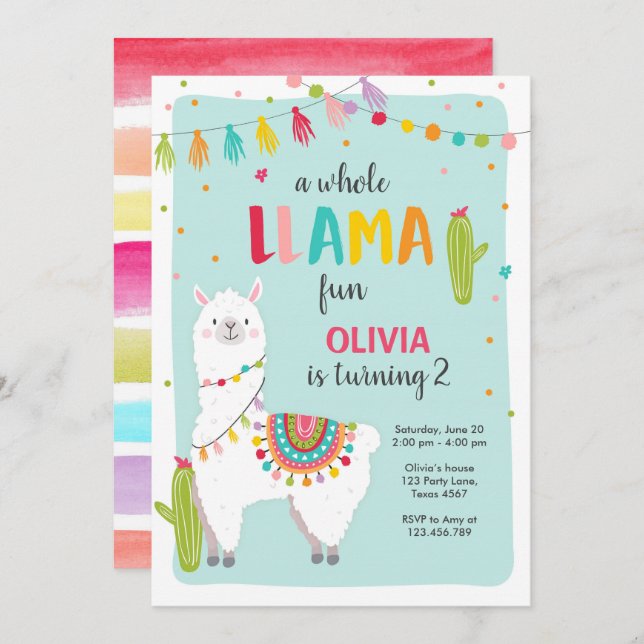 Invitation à l'anniversaire de Llama Fun (Devant / Derrière)