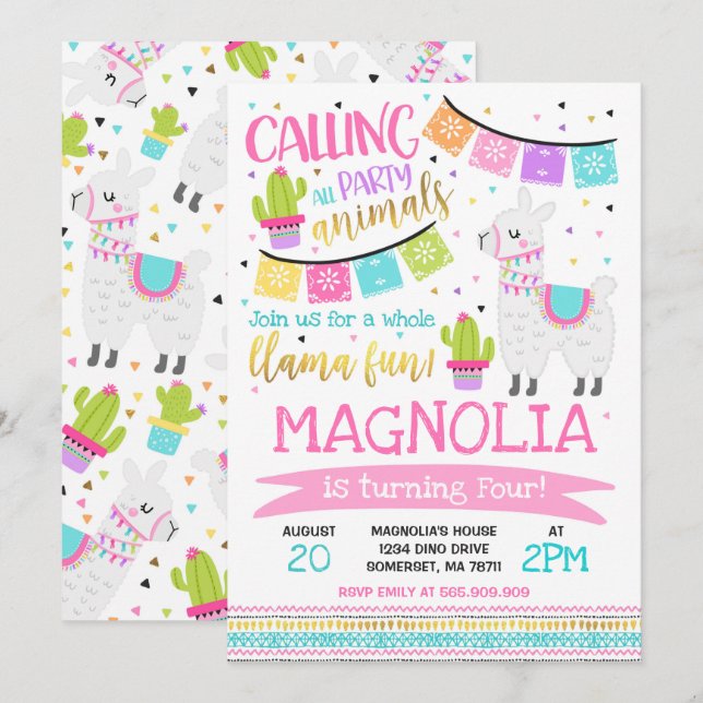 Invitation à l'anniversaire de Llama Fun Party (Devant / Derrière)