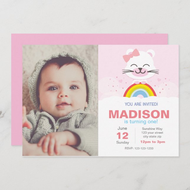 Invitation à l'anniversaire de l'ours arc-en-ciel (Devant / Derrière)