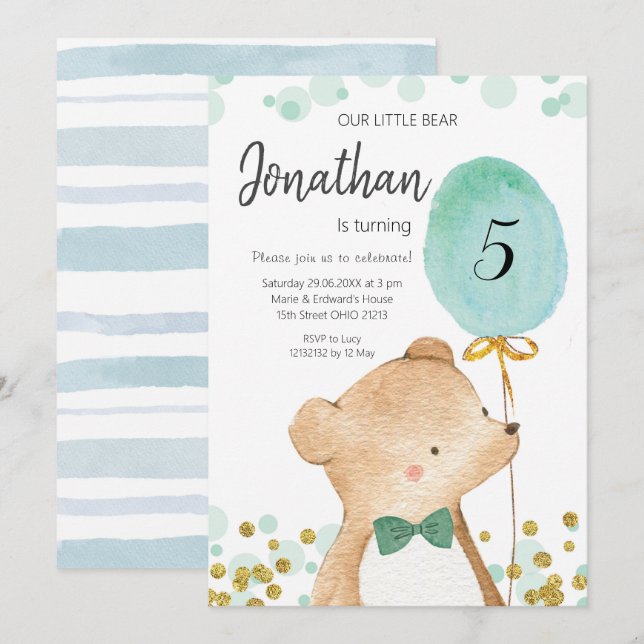 Invitation à l'anniversaire de l'ours et du ballon (Devant / Derrière)