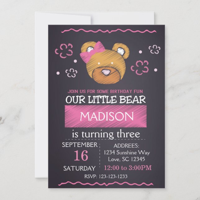 Invitation à l'anniversaire de l'ours rose (Devant)