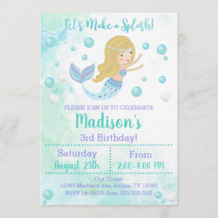 Invitation à l'anniversaire de Mermaid, sirène blo