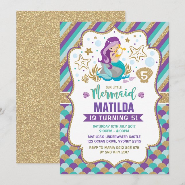 Invitation à l'anniversaire de Mermaid sous le Sea (Devant / Derrière)