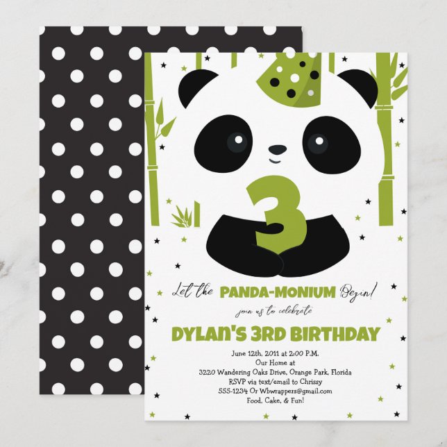Invitation à l'anniversaire de Panda pour la fête  (Devant / Derrière)