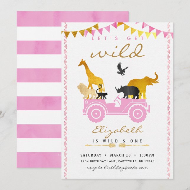 Invitation à l'anniversaire de Pink Gold Safari (Devant / Derrière)