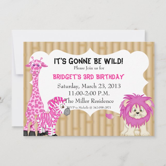 Invitation à l'anniversaire de Pink Jungle Safari (Devant)