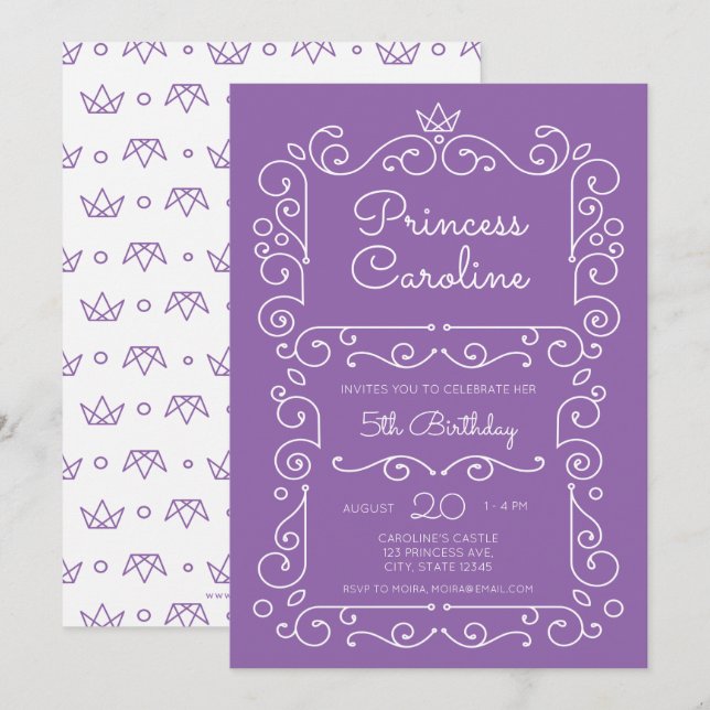 Invitation à l'anniversaire de Purple Princess Scr (Devant / Derrière)