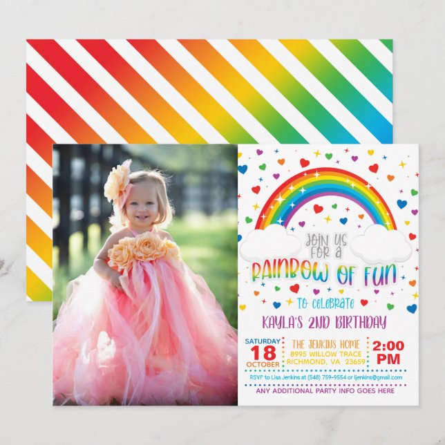 Invitation à l'anniversaire de Rainbow avec photo  (Devant / Derrière)