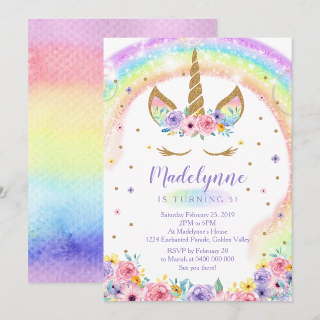 Invitation à l'anniversaire de Rainbow Unicorn (Devant / Derrière)