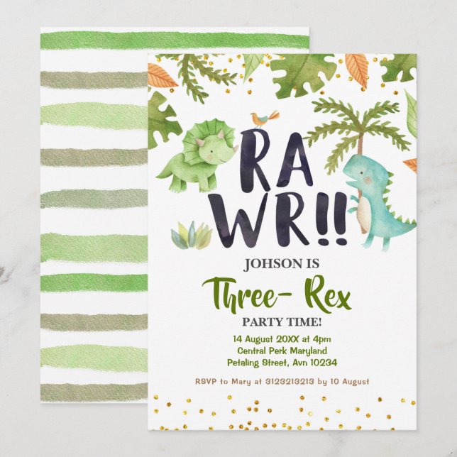 Invitation à l'anniversaire de Rawr Dinosaur (Devant / Derrière)