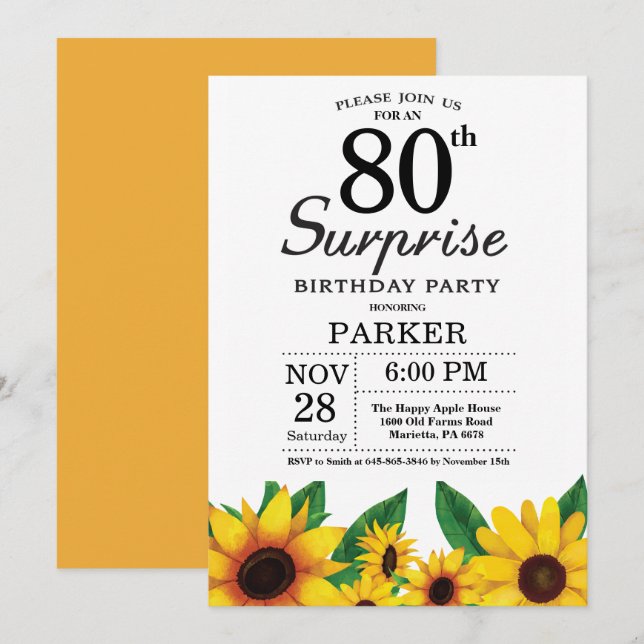 Invitation à l'anniversaire de Sunflower Surprise  (Devant / Derrière)