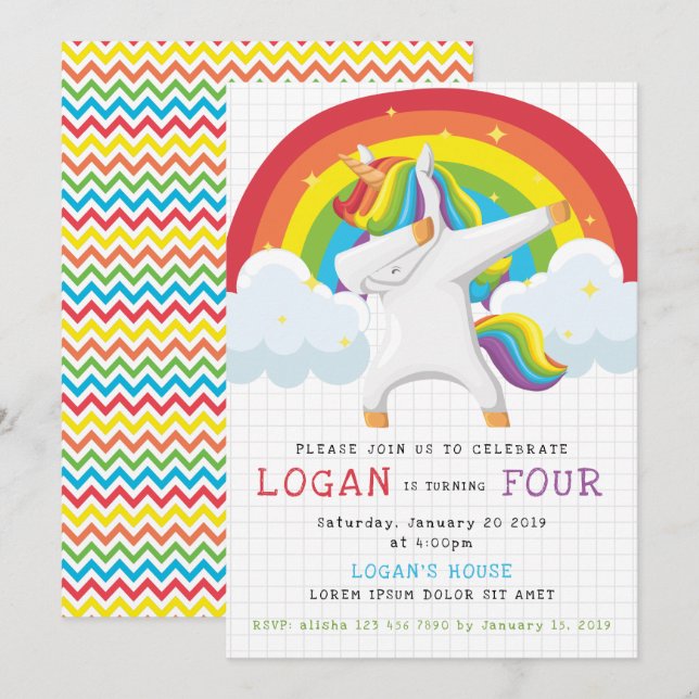 Invitation à l'anniversaire de Unicorn Dab (Devant / Derrière)