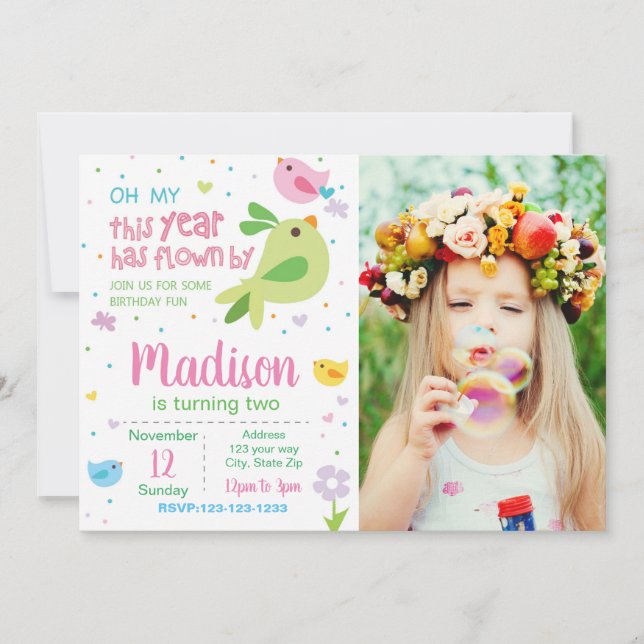 Invitation à l'anniversaire d'oiseaux avec photo (Devant)