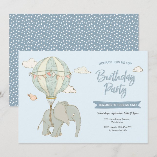 Invitation à l'anniversaire du ballon éléphant à a (Devant / Derrière)