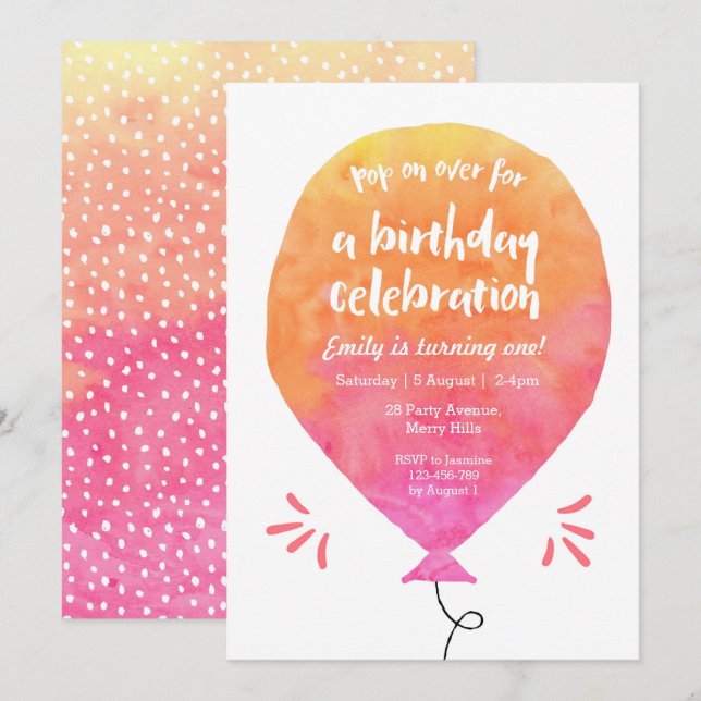 Invitation à l'anniversaire du ballon rose jaune (Devant / Derrière)