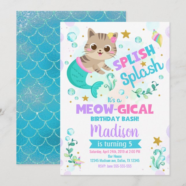 Invitation à l'anniversaire du chat de sirène, fêt (Devant / Derrière)