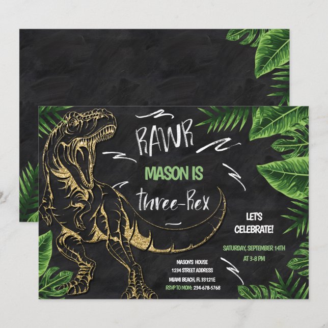 Invitation à l'anniversaire du dinosaure à trois r (Devant / Derrière)