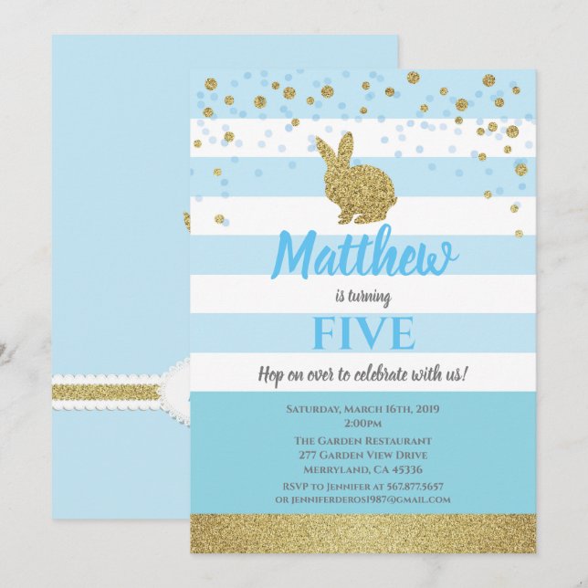 Invitation à l'anniversaire du garçon Bunny bleu (Devant / Derrière)