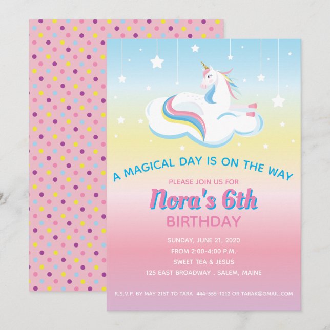Invitation à l'anniversaire du rêve Unicorn (Devant / Derrière)