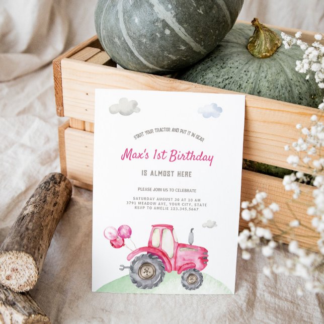 Invitation à l'anniversaire du tracteur rose (Créateur téléchargé)