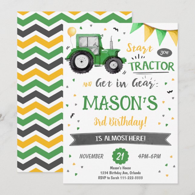 Invitation à l'anniversaire du tracteur vert (Devant / Derrière)