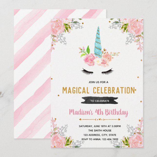 Invitation à l'anniversaire floral de Unicorne (Devant / Derrière)