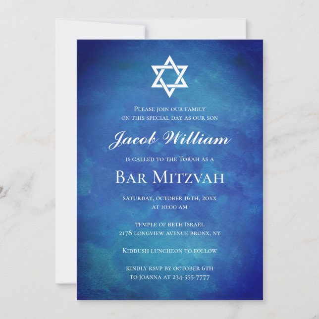 Invitation à l'aquarelle bleu de bar juif Mitzvah (Devant)