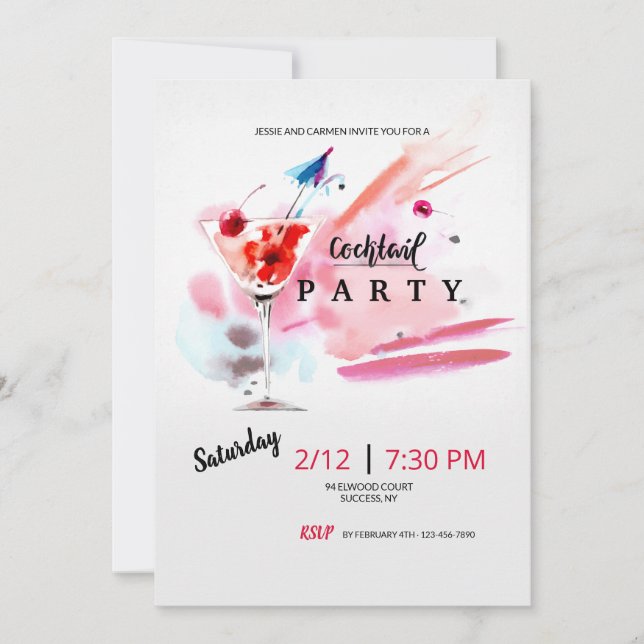 Invitation à l'aquarelle du Cocktail Party (Devant)