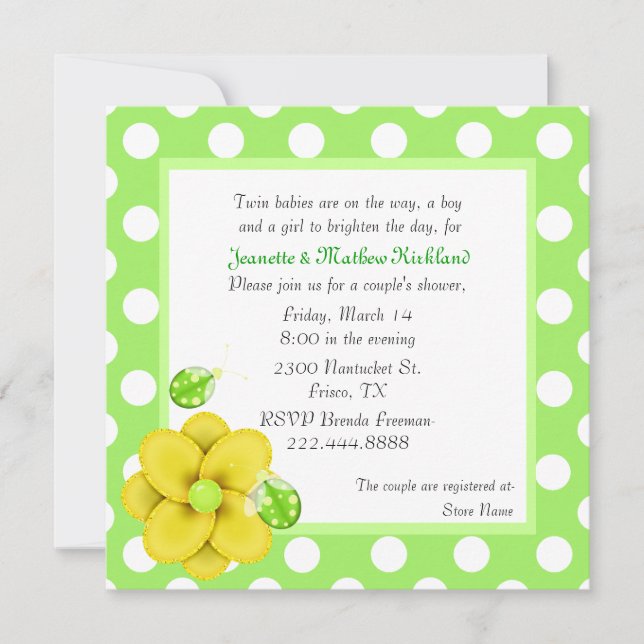 Invitation à l'Baby shower des jumeaux de Green Co (Devant)