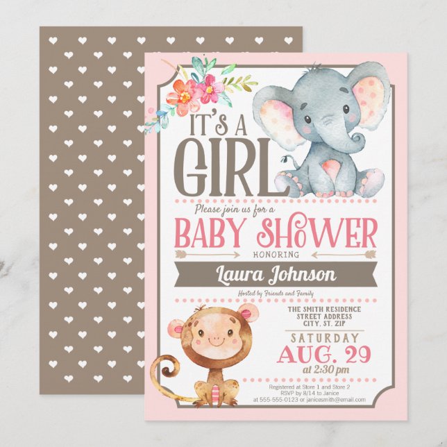 Invitation à l'éléphant et au Baby shower singe (Devant / Derrière)