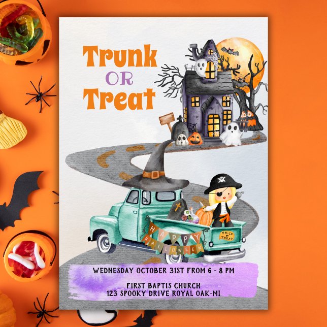 Invitation à l'événement d'Halloween Trunk Or Trea (Halloween Event Invitation Trunk Or Treat Cute)