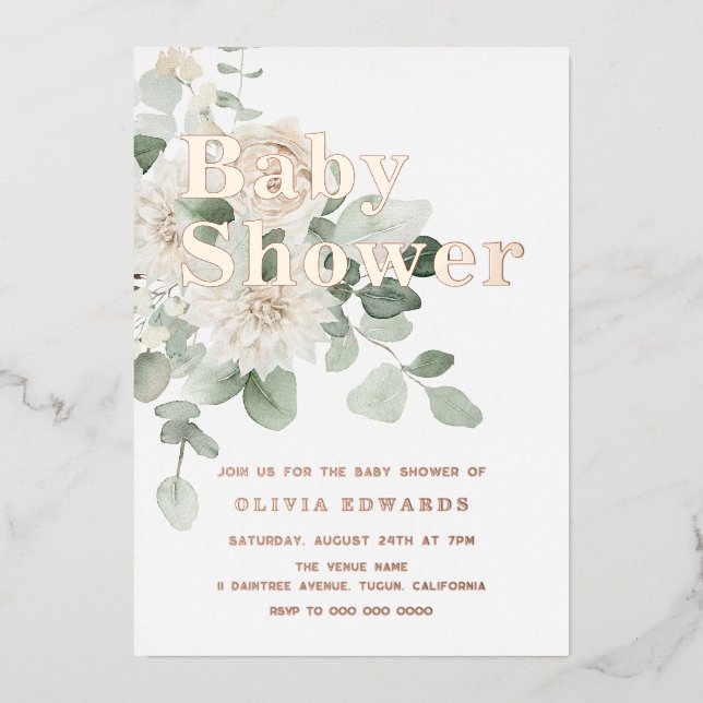 Invitation à l'huile de Baby shower  or Rose blanc (Recto)