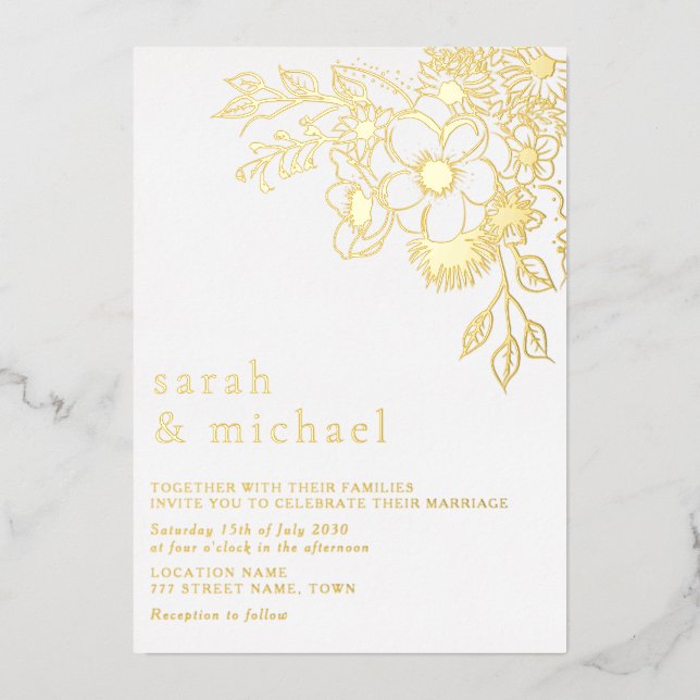 Invitation à l'huile de Mariage doré Floral (Recto)