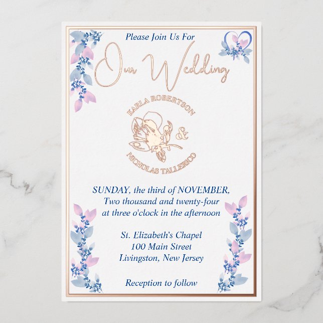 Invitation à l'huile de Mariage rose et bleu flora (Recto)
