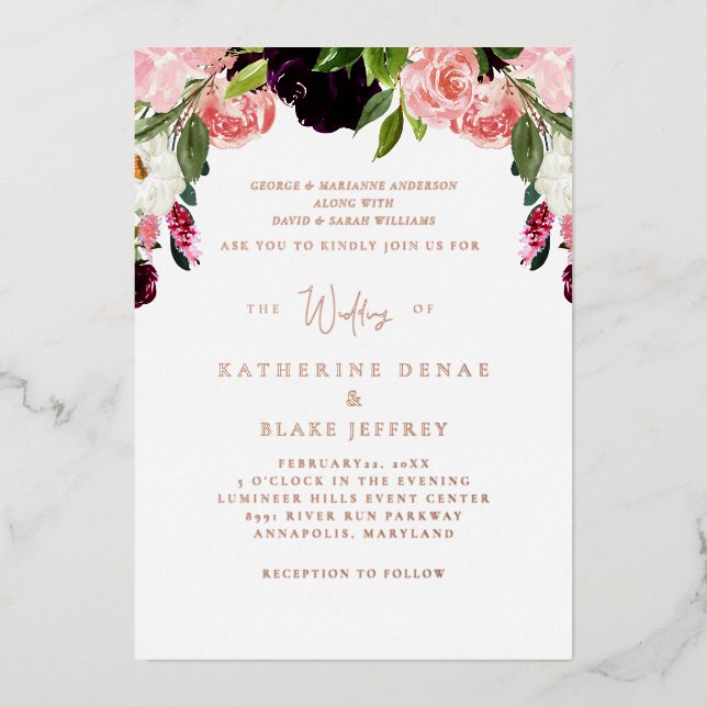 Invitation à l'huile d'or Rose flush Floral Mariag (Recto)
